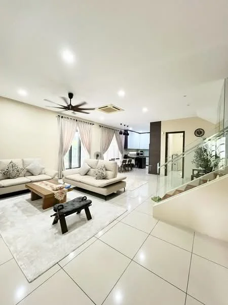 Living features: 3-seater fabric sofa in beige, 2-seater fabric sofa in beige, wood coffee table, area rug with geometric pattern, ceiling fan with light, recessed downlights, floor-to-ceiling windows, curtains in light fabric, white painted walls, polished tile flooring, decorative wall clock, indoor plants in pots; style: modern. Kitchen features: open kitchen layout, kitchen island, stainless-steel sink, built-in oven, freestanding range oven, microwave, dark cabinetry, white countertop, backsplash with tile cladding; style: modern.