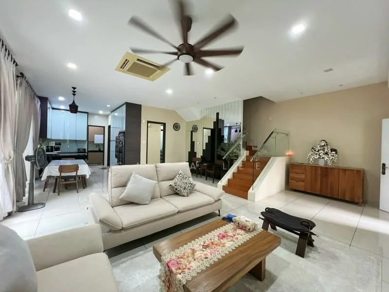 Living features: 3-seater fabric sofa in beige, wooden coffee table, area rug with geometric pattern, 5-blade ceiling fan with light, wall-mounted air conditioning unit, floor-to-ceiling windows with sheer curtains, decorative wall art, wooden sideboard, staircase with wooden steps, recessed downlights; style: modern. Kitchen features: kitchen island, white cabinetry, stainless-steel appliances, ceramic tile flooring, open-plan layout; style: modern.