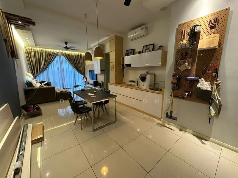 Living features: floor-to-ceiling windows, sheer curtains, 3-blade ceiling fan, recessed downlights, dining table for 6, black dining chairs, kitchen island with bar stools, white cabinetry, built-in appliances, light-colored tiled flooring, decorative wall with hooks, sofa in dark color, wall-mounted air conditioning unit; style: modern; view: city.