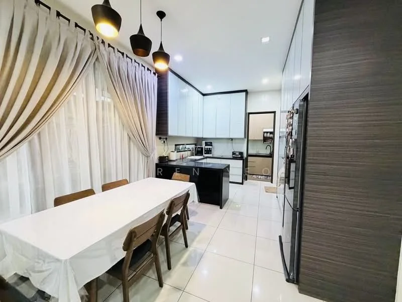 Kitchen features: white shaker cabinets, black kitchen island, stainless-steel fridge, built-in oven, freestanding range oven, white tiled backsplash, marble countertop, 4-burner gas hob, pendant lighting, dining table with white tablecloth, wooden dining chairs, floor-to-ceiling windows with sheer curtains, ceramic tile flooring, recessed downlights; style: modern.