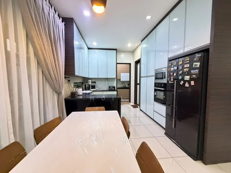 Kitchen features: white glossy cabinetry, black countertop, built-in oven, stainless-steel fridge, microwave, 4-burner gas hob, double-bowl stainless-steel sink, chrome pull-down faucet, white tiled backsplash, recessed LED downlights, dining table with white surface, brown upholstered dining chairs, floor-to-ceiling windows with sheer curtains, ceramic tile flooring; style: modern.