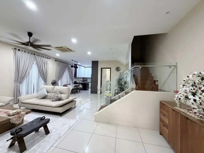 Living features: 3-seater fabric sofa in beige, coffee table with wooden legs, area rug with geometric pattern, floor-to-ceiling windows with sheer curtains, 5-blade ceiling fan with light, recessed LED downlights, decorative wall clock, decorative plants in ceramic pots, white painted walls, polished tile flooring; style: modern. Room features: staircase with glass railing, wooden console table, decorative flowers in vase.