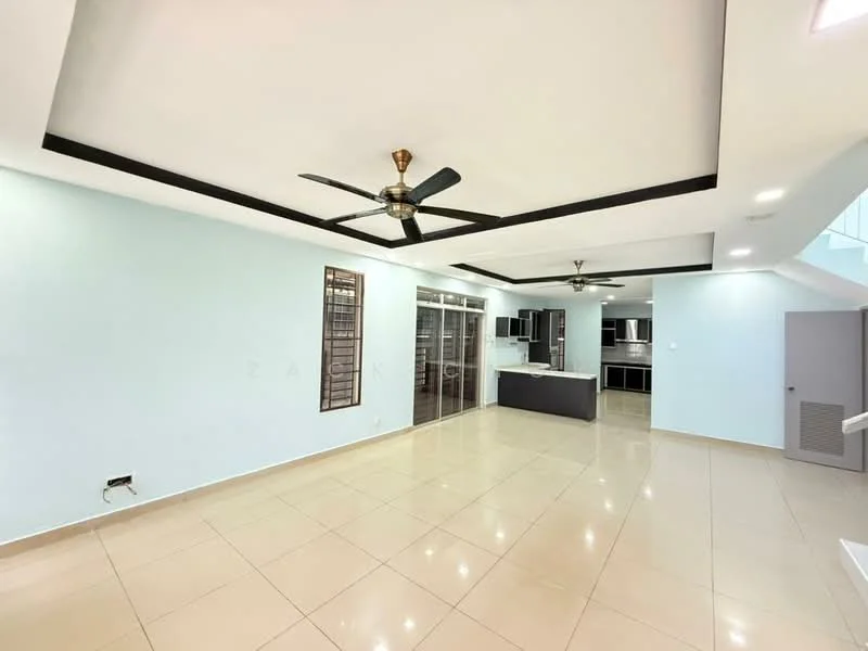 Living features: light blue painted walls, glossy beige tile flooring, tray ceiling with recessed lighting, 2 ceiling fans, open layout to kitchen, large glass sliding doors, built-in cabinetry, kitchen island, natural light from windows; style: modern.