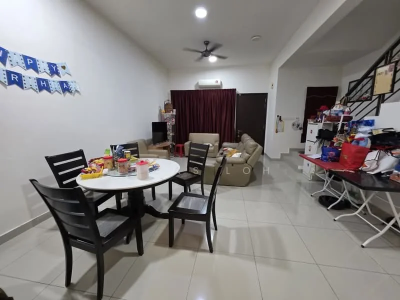Living features: white painted walls, glossy tile flooring, 5-blade ceiling fan with light, sofa in beige, coffee table, TV console, wall-mounted TV, decorative items on shelves, curtains in dark red, dining table with four black chairs, snack items on the table, open layout, decorative wall banner; style: modern.