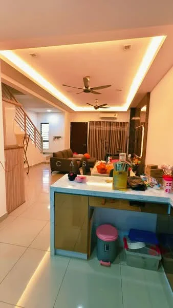 Living features: white painted walls, glossy tile flooring, recessed LED downlights, 5-blade ceiling fan, sofa in grey, coffee table, TV console, floor-to-ceiling windows with sheer curtains, decorative items on surfaces, open layout to kitchen, dining area visible in background; style: modern. Kitchen features: kitchen island with countertop, wood cabinetry, sink, pink trash bin, various kitchen items on countertop; style: modern.