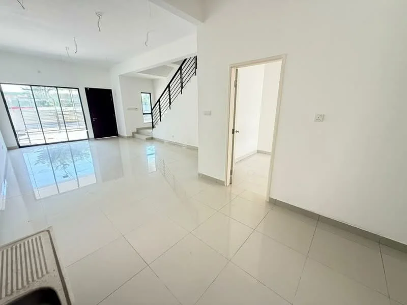 Room features: white painted walls, glossy ceramic tile flooring, large floor-to-ceiling windows, sliding glass door, staircase with metal railing, recessed downlights, open layout, natural light from windows; style: modern; view: garden.