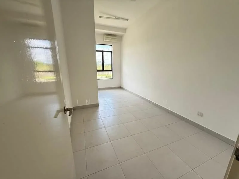 Room features: white painted walls, tile flooring, floor-to-ceiling window, air conditioning unit, neutral color scheme, natural light, no visible furniture, simple ceiling light; style: modern; view: garden.