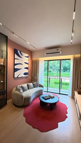 Living features: curved fabric sofa in light grey, decorative cushions, round coffee table, area rug in red, wall-mounted TV, built-in shelving unit, artwork on wall with abstract design, floor-to-ceiling windows, sheer curtains, wall-mounted split AC, laminate flooring, recessed downlights; style: modern; view: garden.