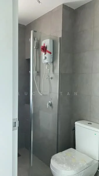 Bathroom features: grey tiled walls, grey tiled flooring, walk-in shower with glass enclosure, shower head, water heater, one-piece toilet, chrome basin mixer, framed mirror; style: modern.