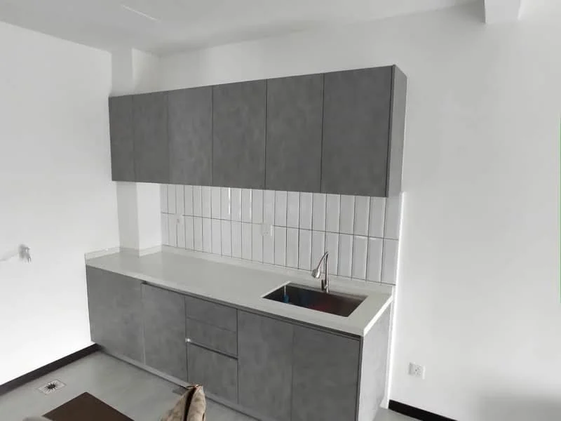 Kitchen features: grey cabinetry, white countertop, single-bowl stainless-steel sink, chrome pull-down faucet, white tiled backsplash, wall-mounted cabinets, floor-mounted cabinets, open shelving, neutral wall colour, tile flooring; style: modern.