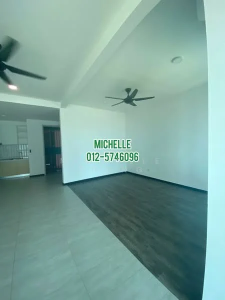 Room features: light grey tile flooring, dark wood laminate flooring, white painted walls, 2 ceiling fans, recessed ceiling lights, open layout, large windows, no visible furniture; style: modern.