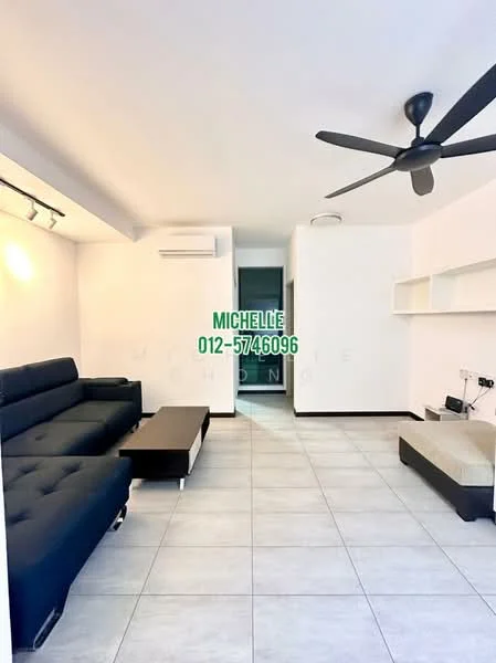 Living features: 3-seater fabric sofa in navy blue, coffee table, wall-mounted TV console, ceiling fan, wall-mounted air conditioning unit, light grey tiled flooring, white painted walls, built-in shelving unit, recessed lighting; style: modern.
