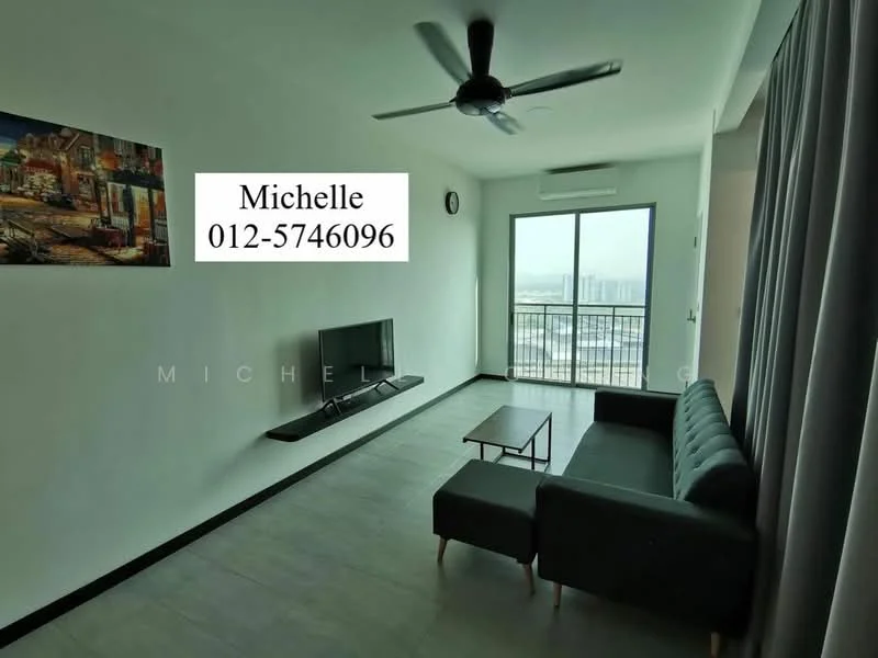 Living features: grey fabric sofa, coffee table, wall-mounted TV, floor-to-ceiling window, curtains, ceiling fan, light grey tile flooring, white painted walls, decorative artwork on wall; style: modern; view: city.