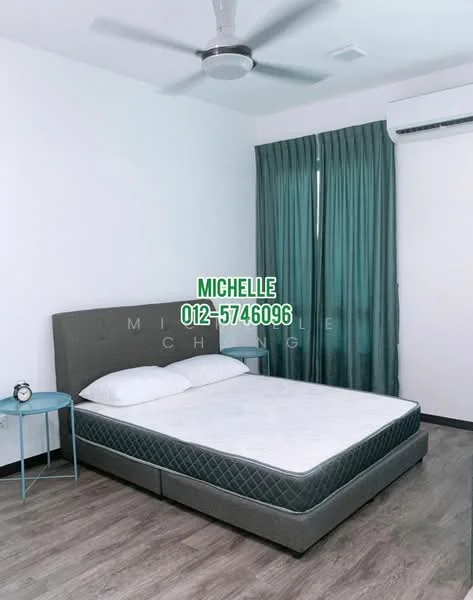 Bedroom features: queen-size bed, upholstered headboard, grey bed frame, white bedding, wooden flooring, green curtains, floor-to-ceiling window, wall-mounted air conditioning unit, table lamp on bedside table, round side table, clock on side table; style: modern.