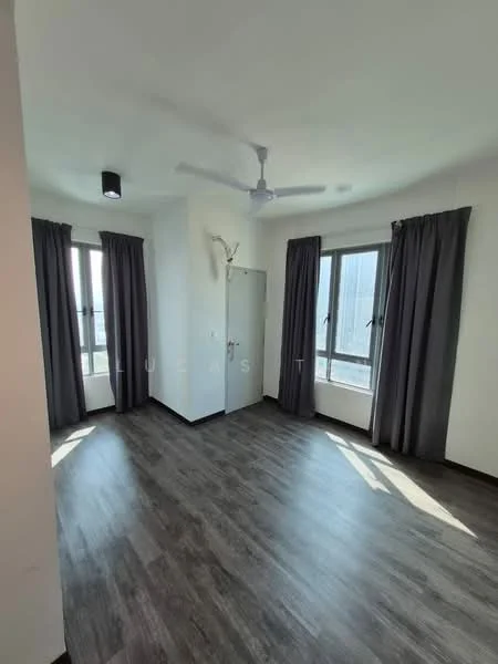 Bedroom features: laminate flooring, white painted walls, ceiling fan, two windows, grey curtains, door, corner layout; style: modern; view: city.