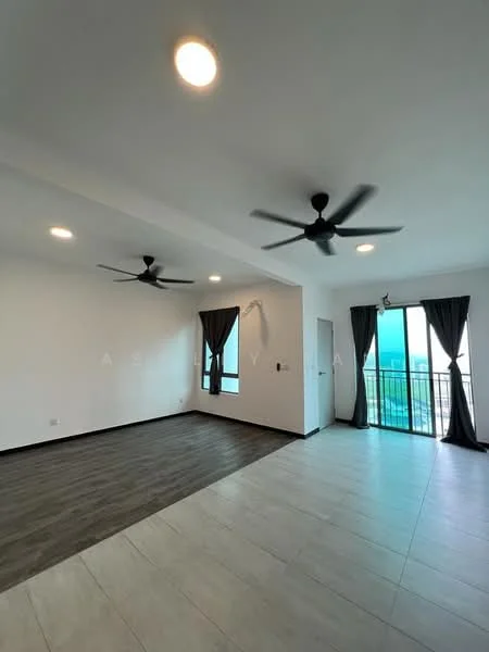 Room features: white painted walls, laminate flooring, tile flooring, 2 ceiling fans, floor-to-ceiling windows, sliding glass door, blackout curtains, balcony access; style: modern; view: city.