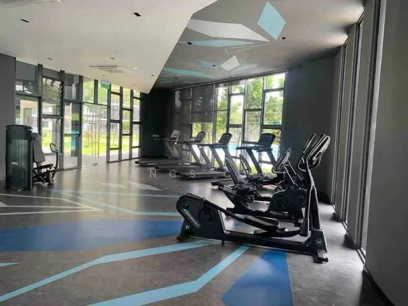 Room features: large windows, grey painted walls, blue geometric patterned flooring, exercise bikes, treadmills, mirrored wall, open layout, natural light, high ceiling, air conditioning unit; style: modern; view: garden.