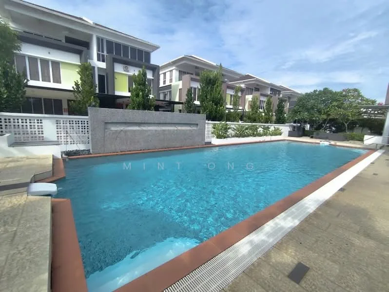 Exterior type: swimming pool deck; features: infinity pool, pool deck with loungers, surrounded by landscaped greenery, water feature wall, paved walkway, residential buildings in background; style: modern.