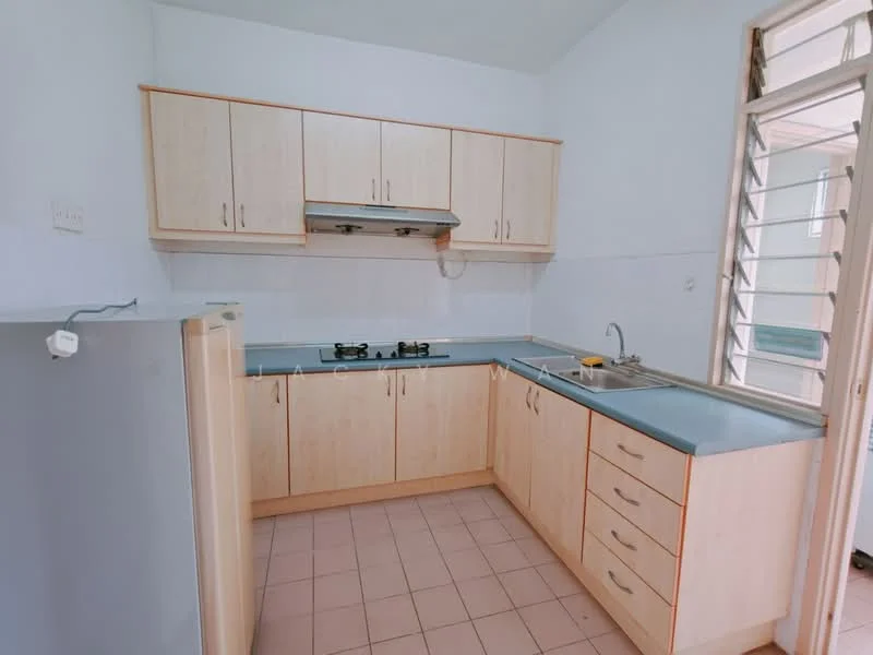 Kitchen features: light wood cabinetry, blue laminate countertop, stainless-steel sink, chrome faucet, built-in gas hob, exhaust hood, fridge, tile flooring, white painted walls, window with metal grilles; style: modern.
