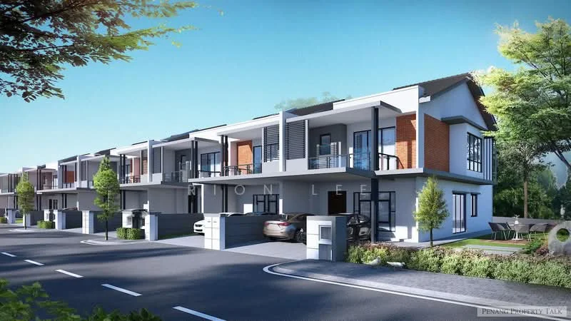 Exterior type: linked terrace house; features: two-storey building, white painted facade, red brick accents, flat roof, driveway with interlocking pavers, manicured lawn, mature trees, balconies on upper floor, car porch, landscape garden, street view, surrounded by greenery; style: modern.