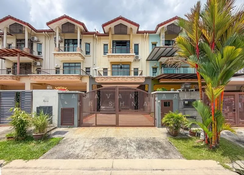 Exterior type: linked terrace house; features: two-storey building, red tiled roof, cream painted facade, balconies with glass railings, manicured lawn, potted plants at entrance, gated entry, driveway with concrete surface; style: modern.