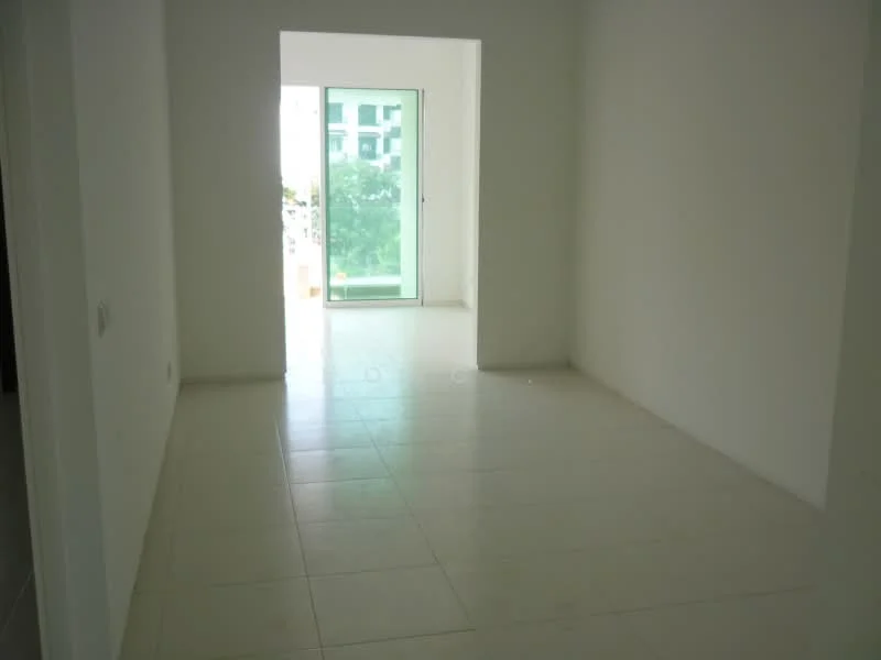 Room features: white painted walls, light-colored tile flooring, floor-to-ceiling sliding glass door, natural light from door, view of greenery outside; view: garden.
