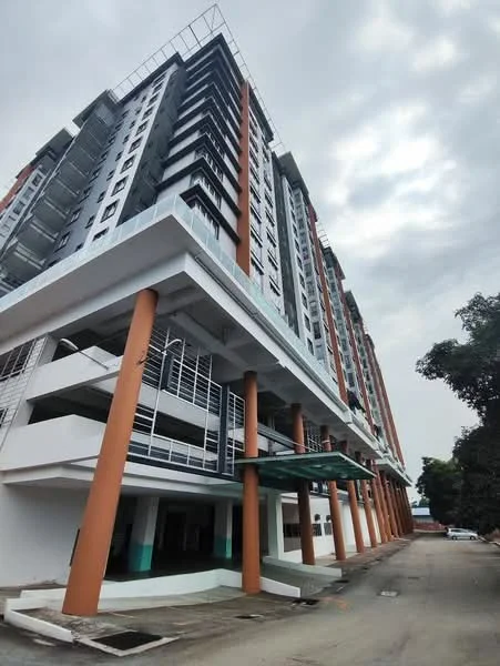 Exterior type: mid-rise condominium; features: white painted facade, orange accent columns, glass balcony railings, multiple storeys, covered parking area, elevated entrance, large windows, modern architectural design; style: modern.
