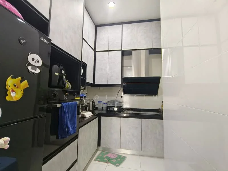 Kitchen features: black cabinetry with glossy finish, white tiled backsplash, black countertop, single-bowl stainless-steel sink, chrome pull-down faucet, built-in stove with hood, microwave, refrigerator, kitchen mat, wall-mounted storage, under-cabinet lighting, ceramic tile flooring; style: modern.
