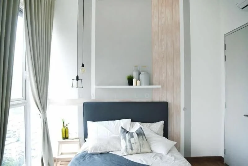 Bedroom features: king-size bed with grey upholstered headboard, white bedding with decorative pillows, wooden bedside table, green plant in vase on bedside table, pendant light fixture, light grey accent wall, wood paneling on one wall, floor-to-ceiling window with sheer curtains, wooden flooring; style: modern; view: city.