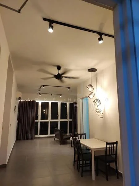 Living features: 5-blade ceiling fan in black, recessed LED downlights, hanging pendant lights with geometric design, floor-to-ceiling windows, grey tiled flooring, white painted walls, dark brown curtains, dining table with 4 black chairs, single armchair in dark brown, sliding glass door, decorative wall art; style: modern; view: city.