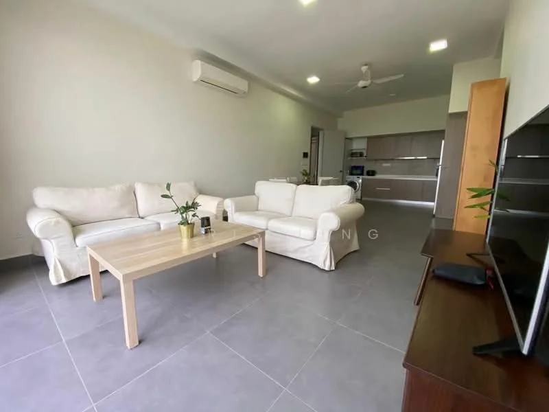 Living features: 2-seater fabric sofa in white, 3-seater fabric sofa in white, wooden coffee table, TV console, wall-mounted TV, grey tiled flooring, wall-mounted split AC, ceiling fan, neutral painted walls, recessed ceiling lights; style: modern.
