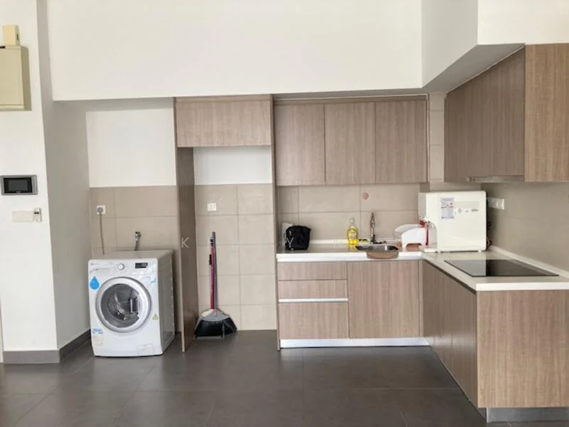 Kitchen features: light wood cabinetry, white countertop, stainless-steel sink, built-in oven, microwave, washing machine, tile backsplash, grey tile flooring, sweeper, cleaning supplies; style: modern.