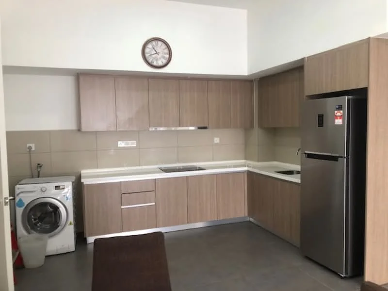Kitchen features: light wood cabinetry, white countertop, stainless-steel sink, built-in stove, stainless-steel fridge, front-load washing machine, grey tile flooring, wall clock, back wall with beige tiles; style: modern.