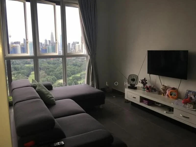 Living features: grey fabric sectional sofa, floor-to-ceiling windows, city skyline view, wall-mounted TV, white TV console, decorative items on console, ceiling fan, curtains, dark tile flooring; style: modern; view: city.