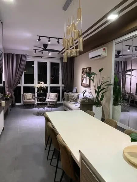 Dining features: white dining table, 8 dining chairs, pendant lighting fixture, recessed downlights, grey tiled flooring, large windows with sheer curtains, indoor plants in white pots, wall-mounted air conditioning unit, decorative wall art, sofa in living area, accent chairs in living area, ceiling fan; style: modern.