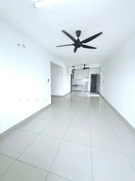 Room features: white painted walls, glossy ceramic tile flooring, 2 ceiling fans, recessed ceiling lights, open layout, large windows, neutral color scheme, no visible furniture; style: modern.