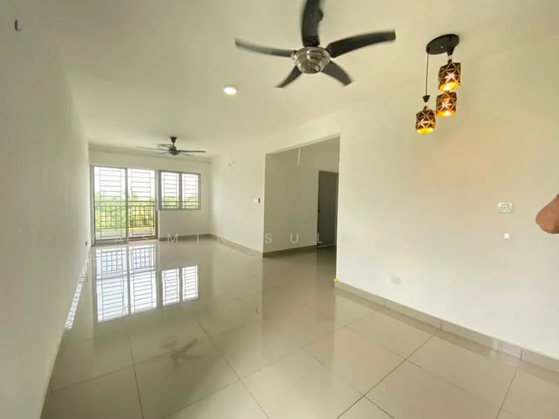 Living features: white painted walls, glossy ceramic tile flooring, 5-blade ceiling fan with light, pendant lighting with three bulbs, floor-to-ceiling windows, natural light from windows, open layout, neutral color scheme; style: modern; view: garden.