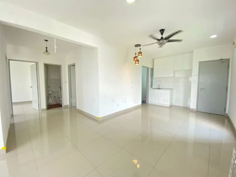 Living features: white painted walls, glossy ceramic tile flooring, 5-blade ceiling fan with light, pendant light fixtures, open layout, kitchen area visible, doorways leading to other rooms, large windows for natural light; style: modern. Kitchen features: white cabinetry, countertop with backsplash, stainless-steel sink, built-in appliances, open to living area; style: modern. Room features: doorway leading to bathroom, doorway leading to bedroom, neutral color scheme.