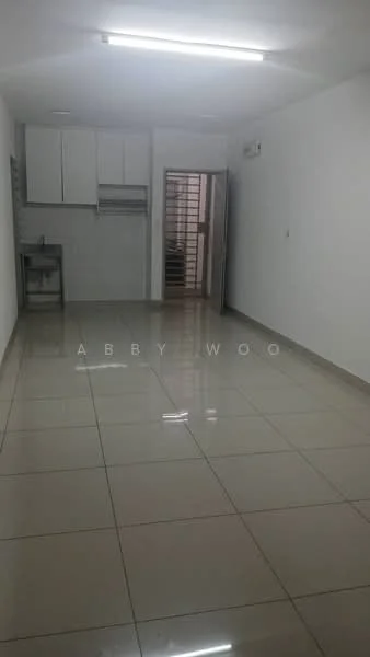 Room features: white painted walls, glossy ceramic tile flooring, recessed ceiling lights, kitchen cabinetry with upper and lower storage, stainless-steel sink, open layout, sliding glass door, air conditioning unit; style: modern.