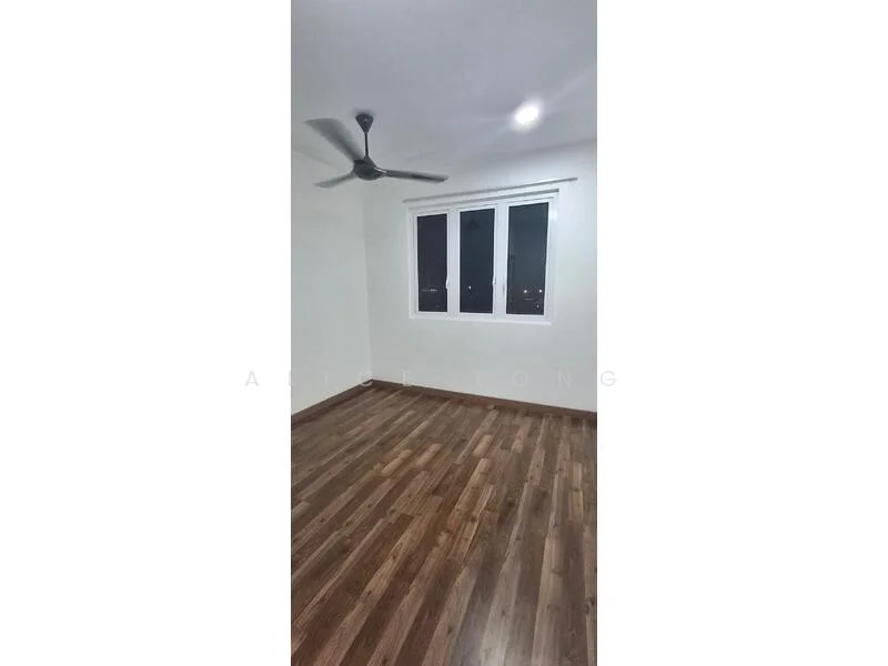 Room features: white painted walls, wooden flooring, 5-blade ceiling fan, three-pane casement windows, no visible window treatments, recessed ceiling light.