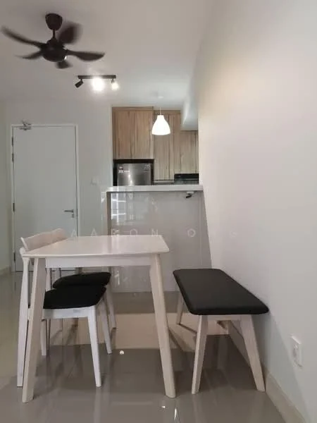 Dining features: white dining table, black upholstered bench, 2 wooden dining chairs, ceiling fan with light, pendant light fixture, kitchen counter with wooden cabinetry, stainless-steel fridge, grey tiled flooring, white painted walls, open layout to kitchen; style: modern.
