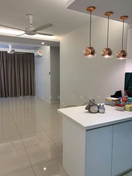 Living features: white painted walls, glossy ceramic tile flooring, recessed downlights, 5-blade ceiling fan, curtains in beige, open layout, kitchen island with white cabinetry, pendant lights above kitchen island, decorative items on kitchen island; style: modern.