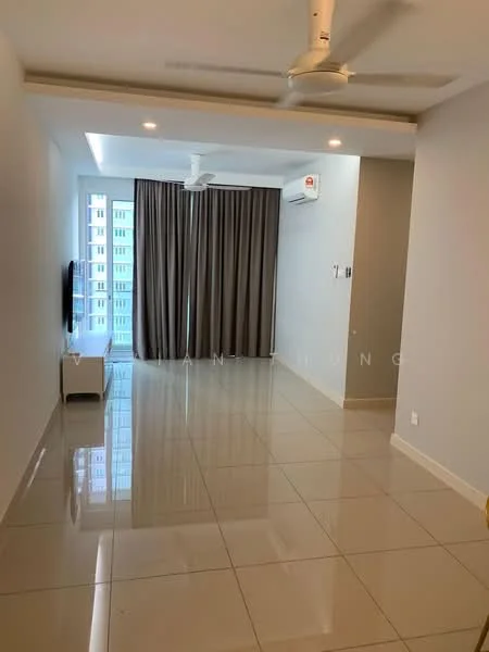 Living features: glossy ceramic tile flooring, white painted walls, tray ceiling with recessed lighting, 5-blade ceiling fan, floor-to-ceiling windows, curtains, wall-mounted TV, air conditioning unit; style: modern.