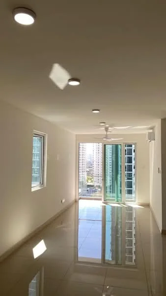 Living features: white painted walls, glossy ceramic tile flooring, recessed LED downlights, 5-blade ceiling fan, floor-to-ceiling windows, sliding glass door, city view, air conditioning unit; style: modern; view: city.