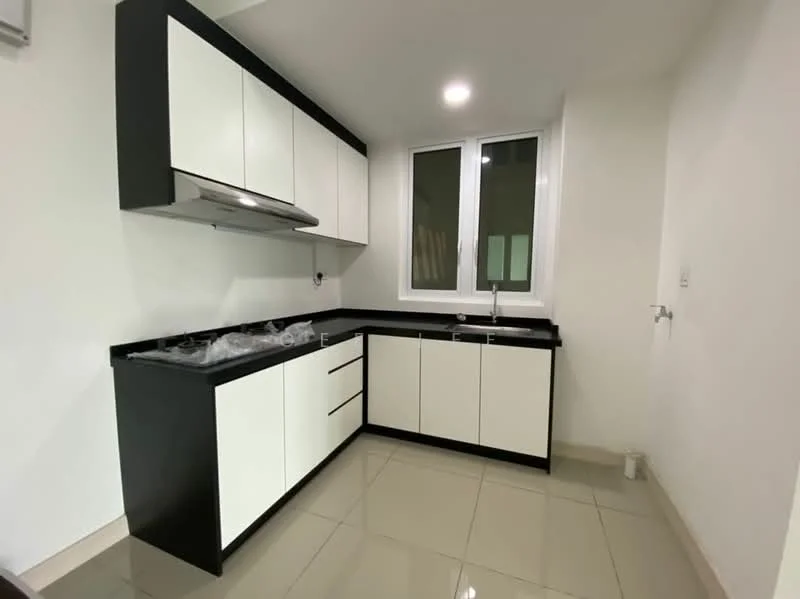 Kitchen features: black granite countertop, white flat-panel cabinets, stainless-steel range hood, 4-burner gas hob, single-bowl stainless-steel sink, chrome pull-down faucet, ceramic tile flooring, white painted walls, window with clear glass, recessed LED downlights; style: modern.