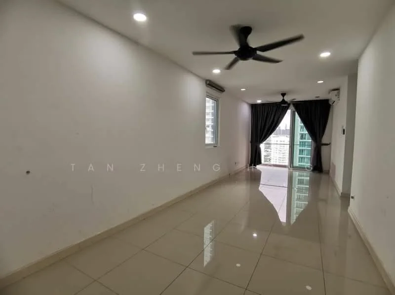 Living features: white painted walls, glossy ceramic tile flooring, 5-blade ceiling fan with light, floor-to-ceiling windows, blackout curtains, sliding glass door, natural light from windows, air conditioning unit; style: modern; view: city.