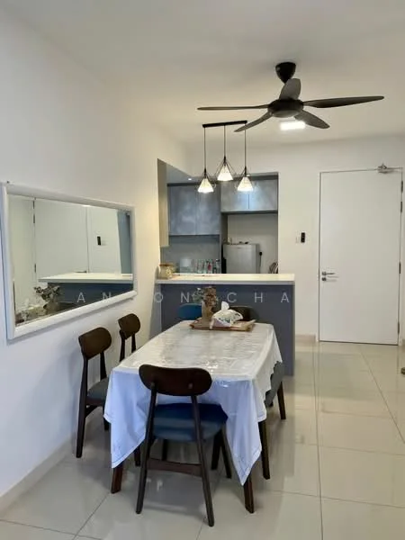 Dining features: white walls, glossy tile flooring, 5-blade ceiling fan with light, 3 pendant lights above dining table, 6-seater dining table with white tablecloth, wooden dining chairs with blue cushions, mirror on wall, open kitchen layout visible in background, kitchen cabinetry in grey, kitchen countertop, refrigerator visible in kitchen; style: modern.