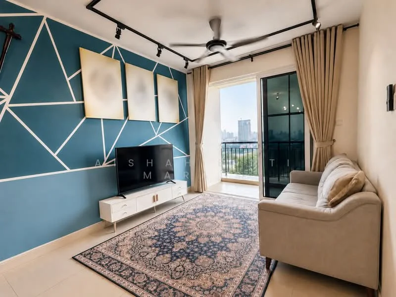 Living features: blue accent wall with geometric pattern, white painted walls, sofa in light grey fabric, coffee table with white finish, area rug with intricate pattern, floor-to-ceiling sliding glass door, curtains in light beige, ceiling fan with light, TV console with storage, wall-mounted TV; style: modern; view: city.