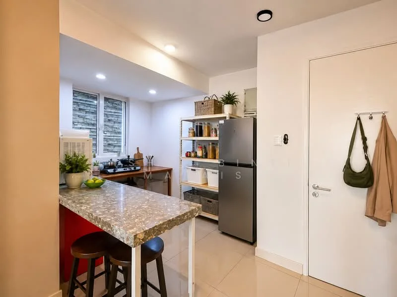 Kitchen features: granite countertop, stainless-steel fridge, built-in kitchen cabinets, open shelving, kitchen sink, stove with hood, tile flooring, recessed downlights, window with natural light, bar stools, decorative plants; style: modern.
