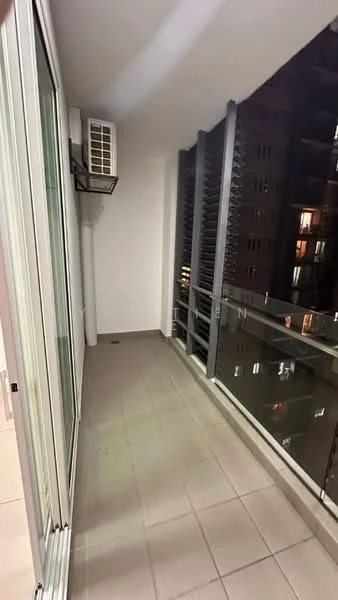 Room features: floor-to-ceiling windows, sliding glass door, grey tiled flooring, wall-mounted split AC, metal railing, balcony with city view; style: modern; view: city.